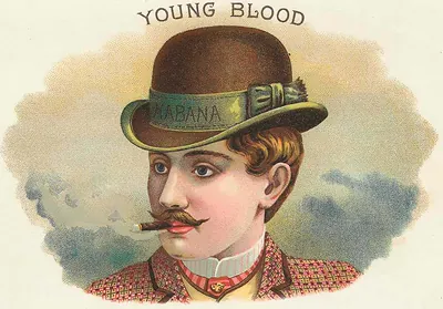 Young Blood cigar label with gentleman in bowler hat