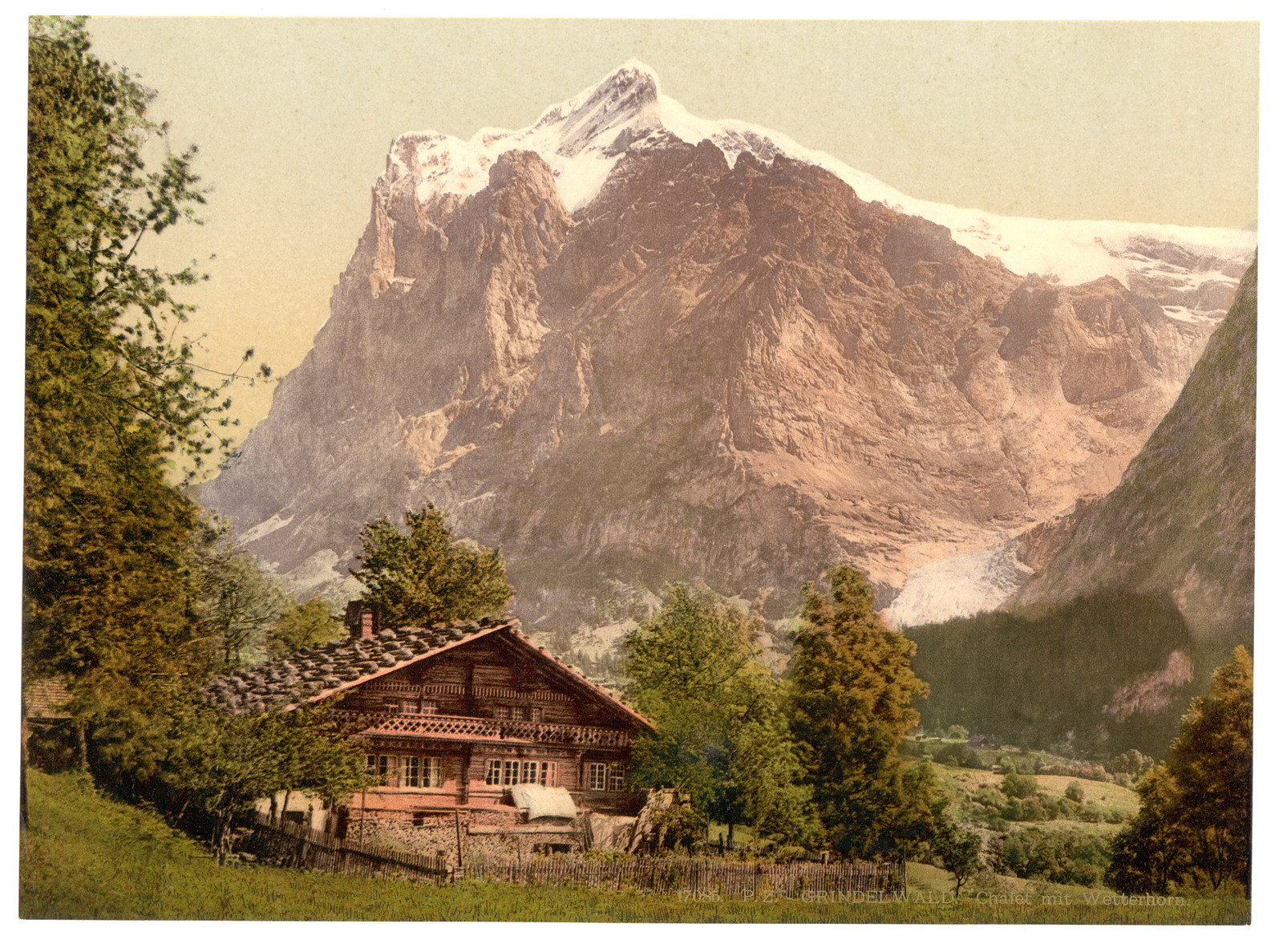 Grindelwald chalet and Mount Wetterhorn Bernese Oberland Switzerland, [between ca. 1890 and ca. 1900]. — historic print