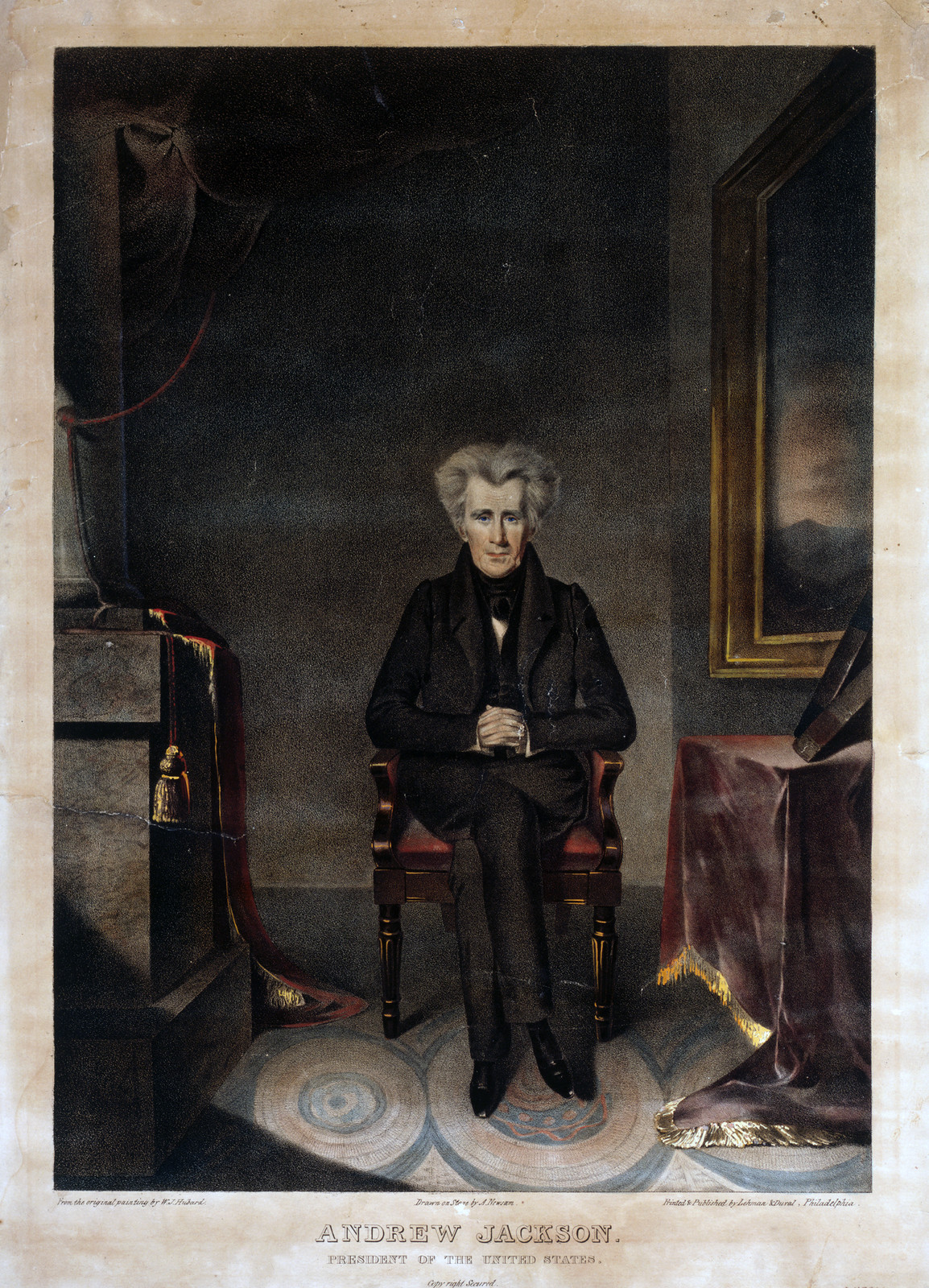 Andrew Jackson, President of the United States / from the original painting by W.J. Hubard ; drawn on stone by A. Newsam., Philadelphia : Lehman & Duval, [1830] — antique lithograph