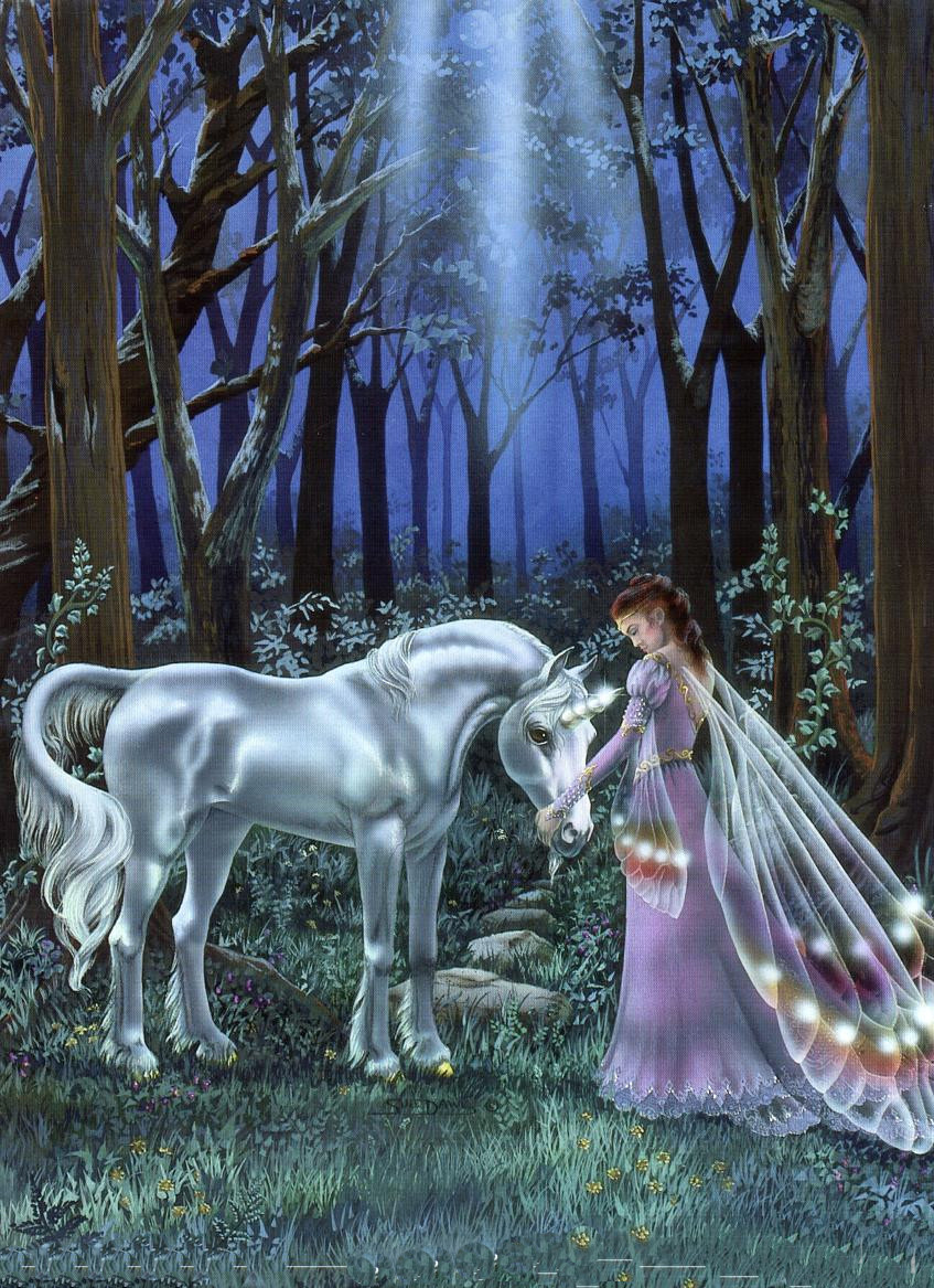 Woman with a white unicorn in a moonlit forest — historic image