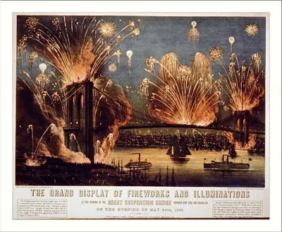 The grand display of fireworks and illuminations: at the opening of the great suspension bridge between New York and Brooklyn on the evening of May 24th, 1883