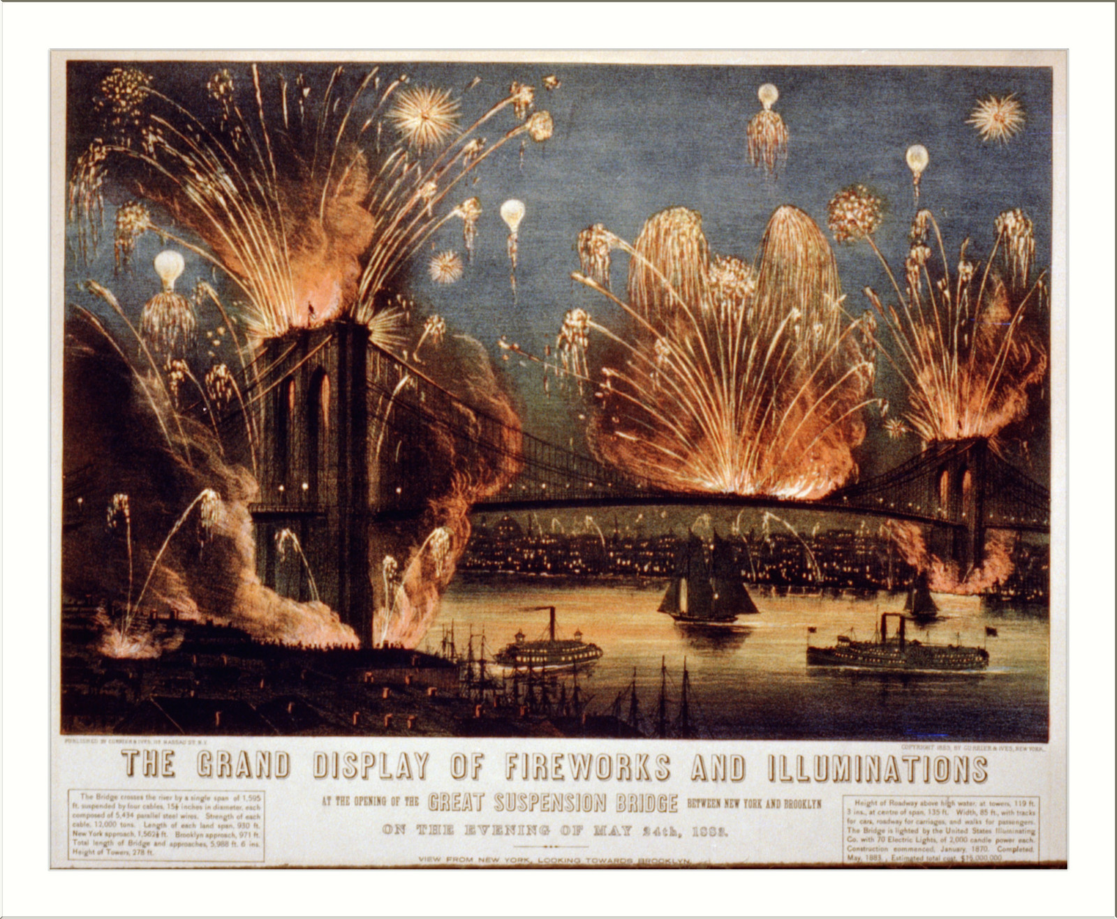 The grand display of fireworks and illuminations: at the opening of the great suspension bridge between New York and Brooklyn on the evening of May 24th, 1883, New York : Published by Currier & Ives, c1883. — antique lithograph