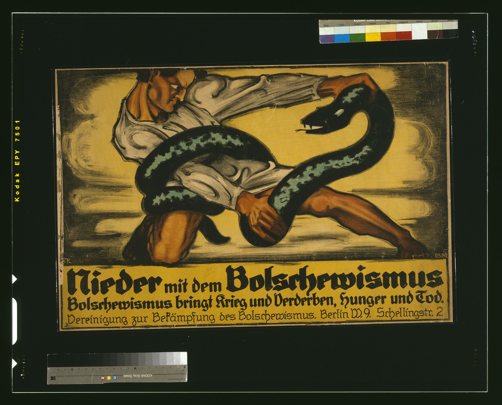 Nieder mit dem Bolschewismus. Bolschewismus bringt Krieg und Verderben Hunger und Tod / O.K. : R.S.P.R., 1919 — vintage poster