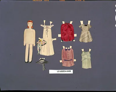 Hand-painted paper doll with removable clothing and a hat
