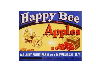 Happy Bee Brand Apples crate label, Mt. Airy Fruit Farm, Newburgh