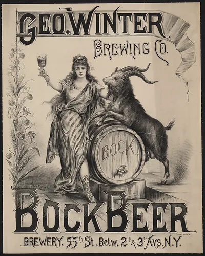 Geo. Winter Brewing Co. Bock Beer poster with goat and barrel