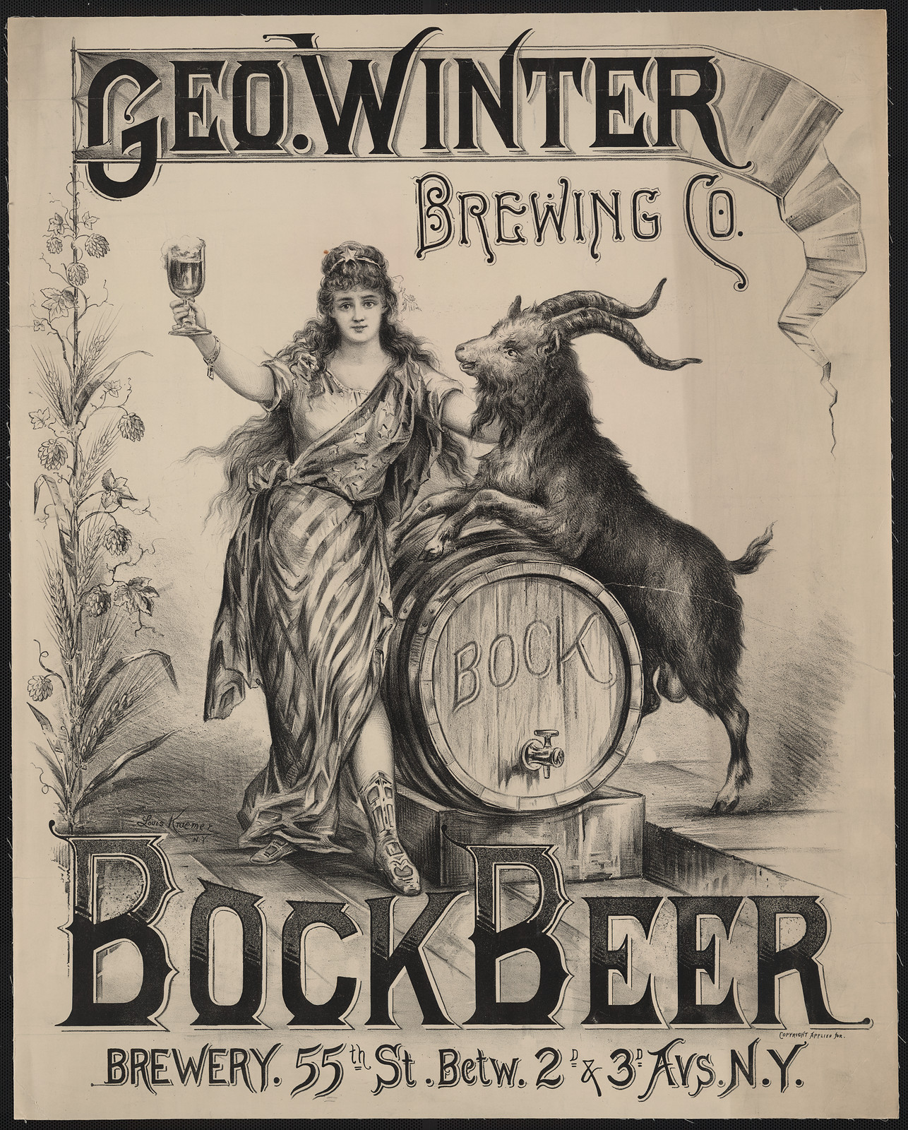 Geo. Winter Brewing Co. Bock Beer poster with goat and barrel — vintage poster