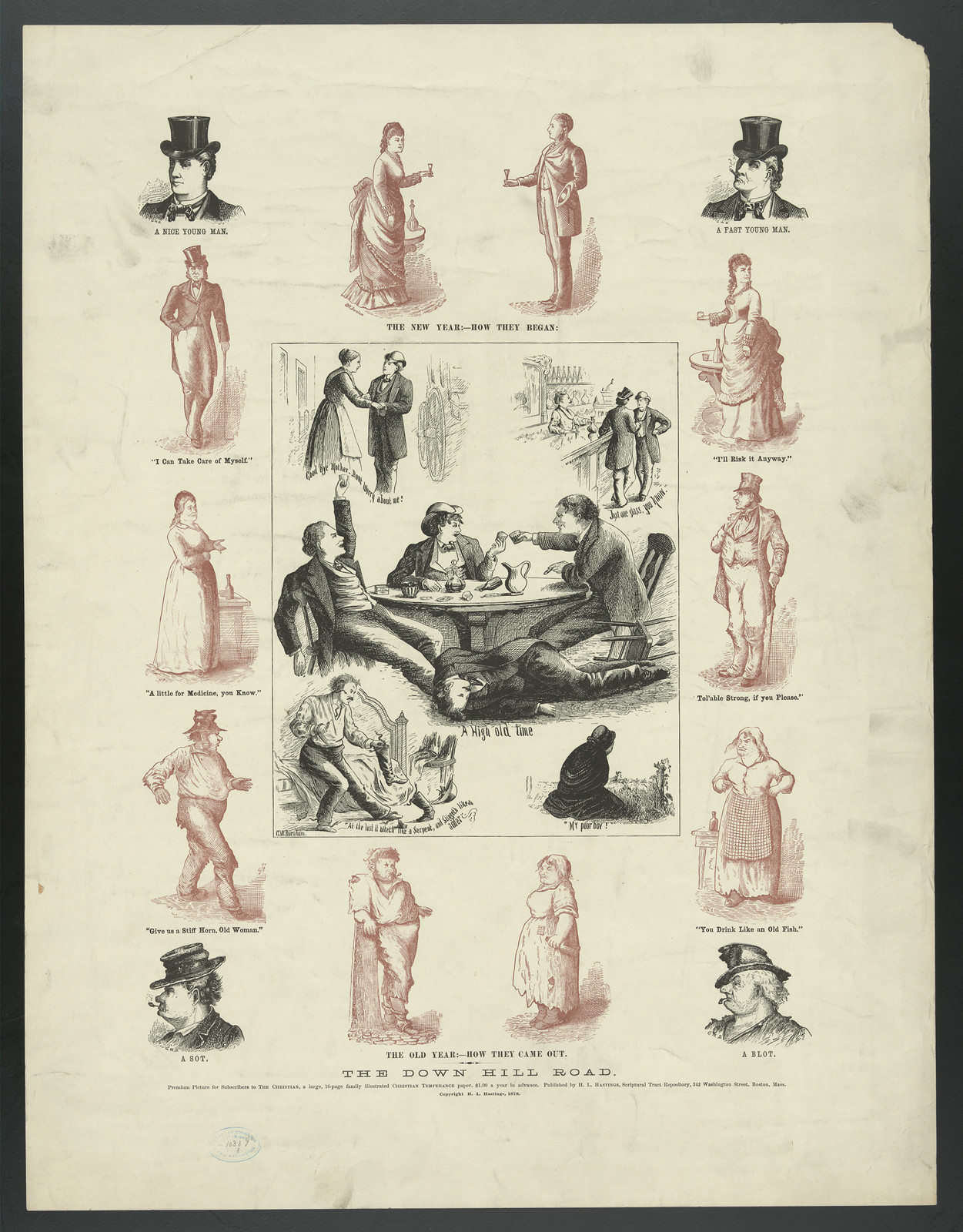 The Down Hill Road: temperance print of drinking scenes — historic print