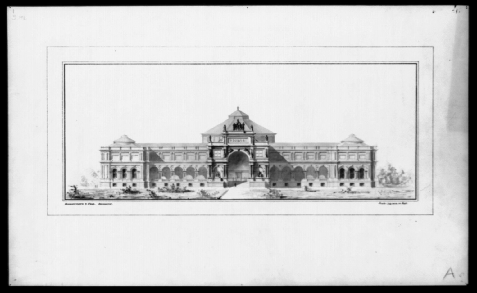 [Library of Congress, Washington, D.C. Front. Exterior elevation. Competition drawing], and Engineering (ADE) Drawings" (http://www.loc.gov/rr/print/res/103_ade.html)." — historic drawing