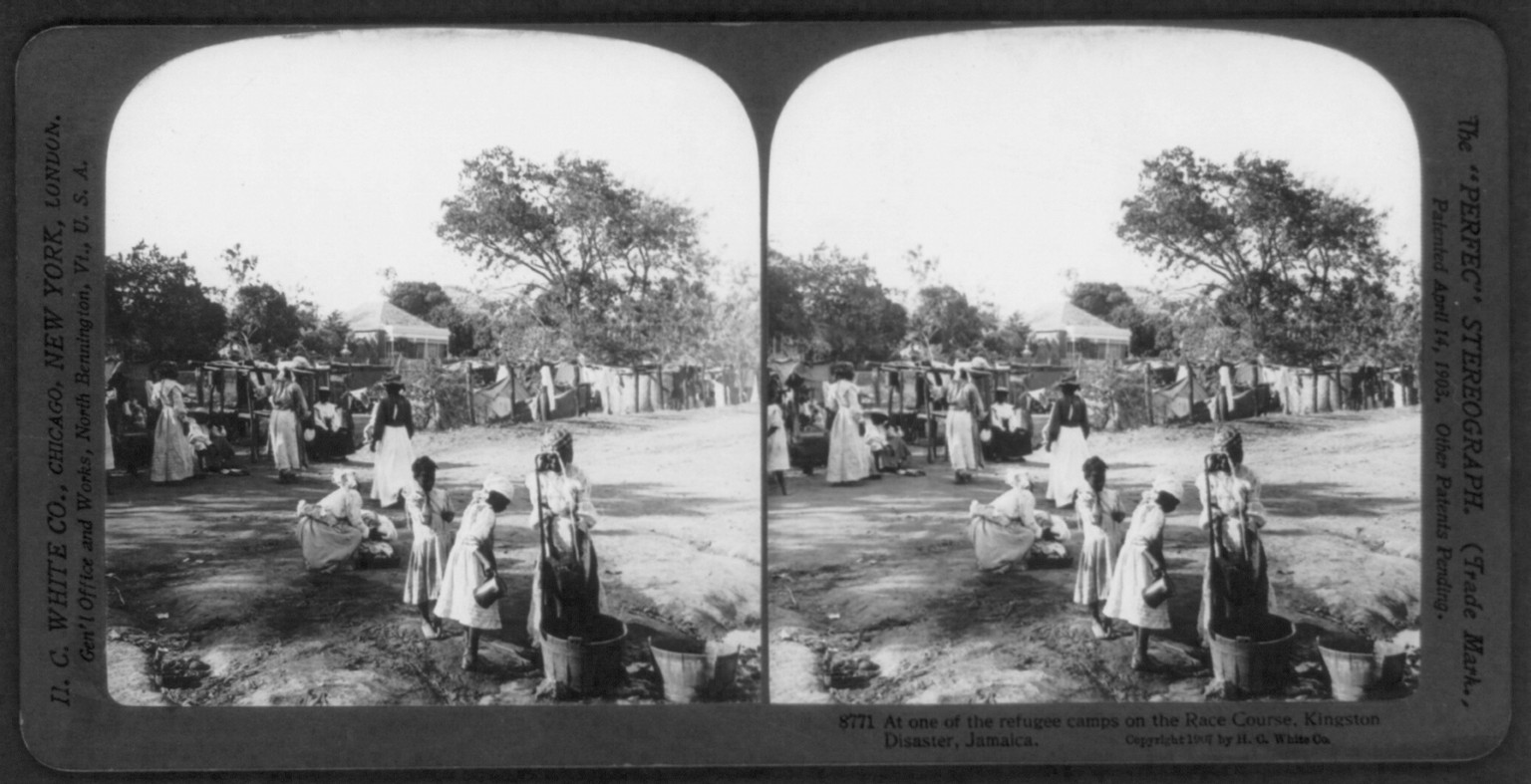 [Earthquake, Kingston, Jamaica, 1907]: At one of the refugee camps on the race course, c1907. — historic photograph
