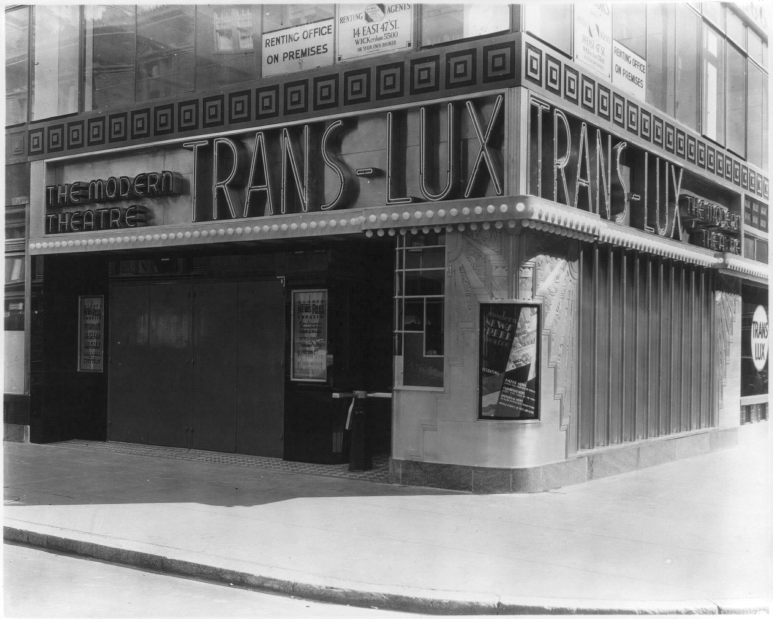 Trans-Lux Theater, 58th St. and Madison Ave., New York City; exterior corner view, April 8, 1931 — historic photograph