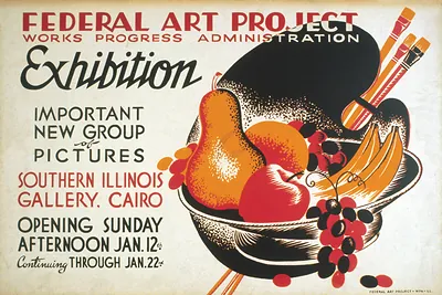 Federal Art Project exhibition poster with fruit and paintbrushes