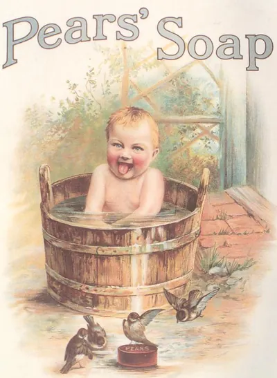 Pears' Soap advertisement with baby in tub and birds