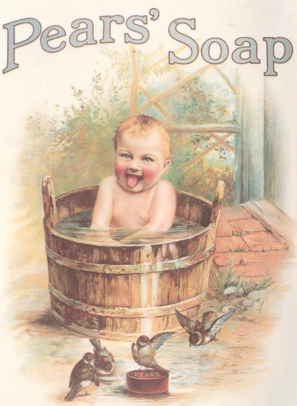Pears' Soap advertisement with baby in tub and birds — historic image