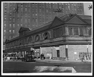 Renovation work on a historic market building with debris
