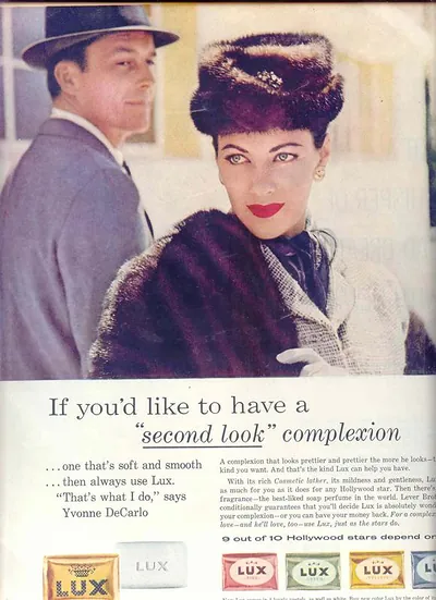 Lux soap advertisement: "second look" complexion, Yvonne DeCarlo
