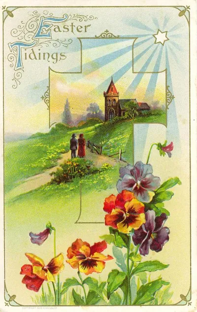 Easter Tidings greeting card with church and pansies