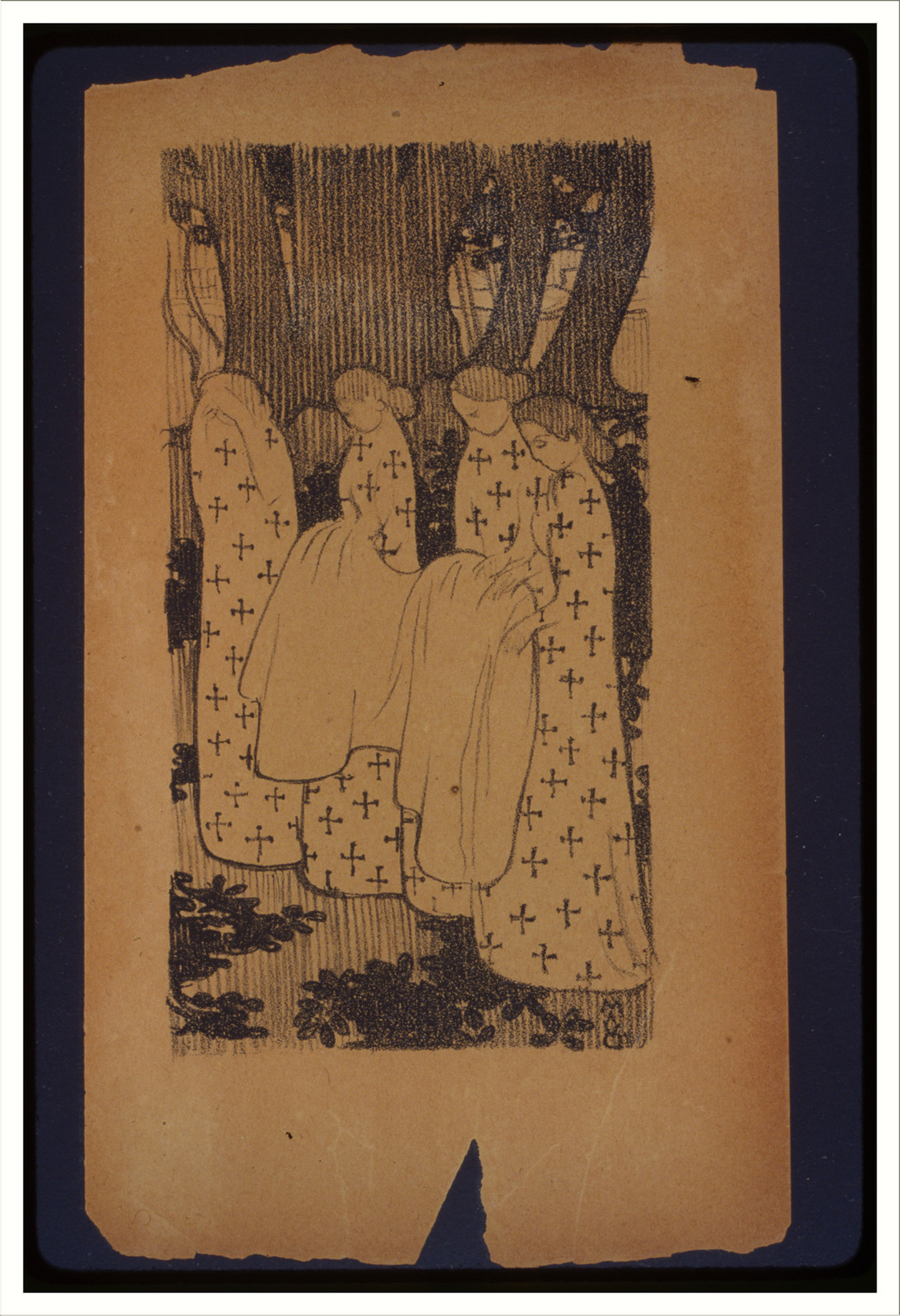 Robed figures with cross patterns among dark trees, drawing — historic drawing