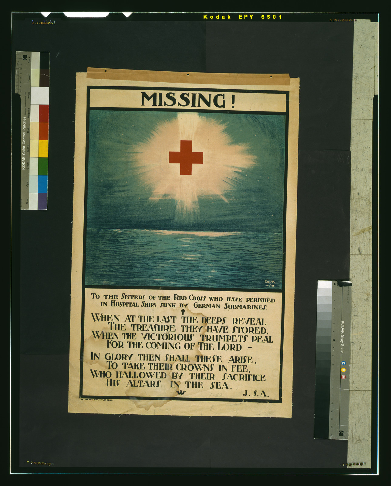 Missing! To the sisters of the Red Cross who have perished in hospital ships sunk by German submarines / David Wilson W.F.B., [S.l. : Banks Ltd., 1918] — vintage poster