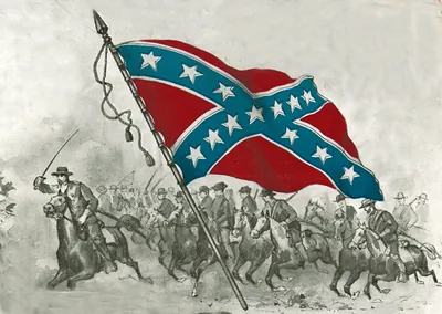 Confederate cavalry charging behind a battle flag, illustration