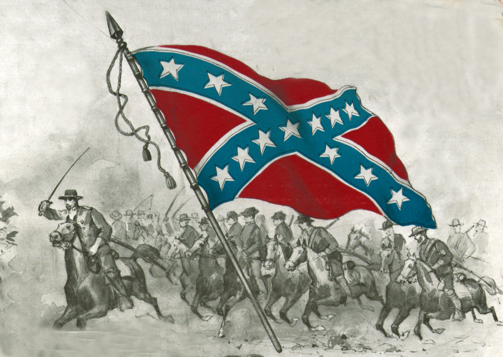 Confederate cavalry charging behind a battle flag, illustration — historic image