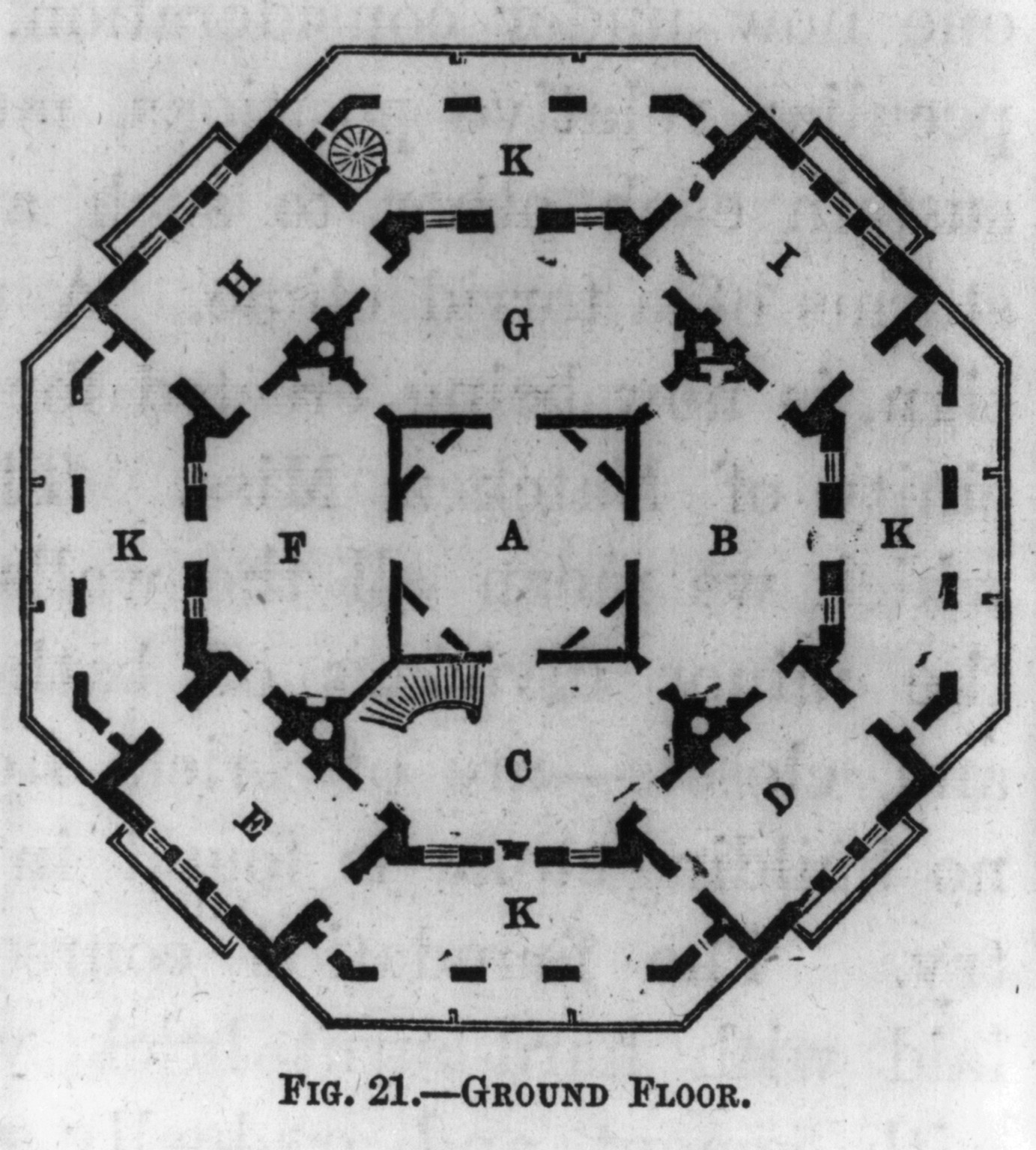 Design I. Oriental Villa: Fig. 21 - Ground Floor [plan] — antique engraving