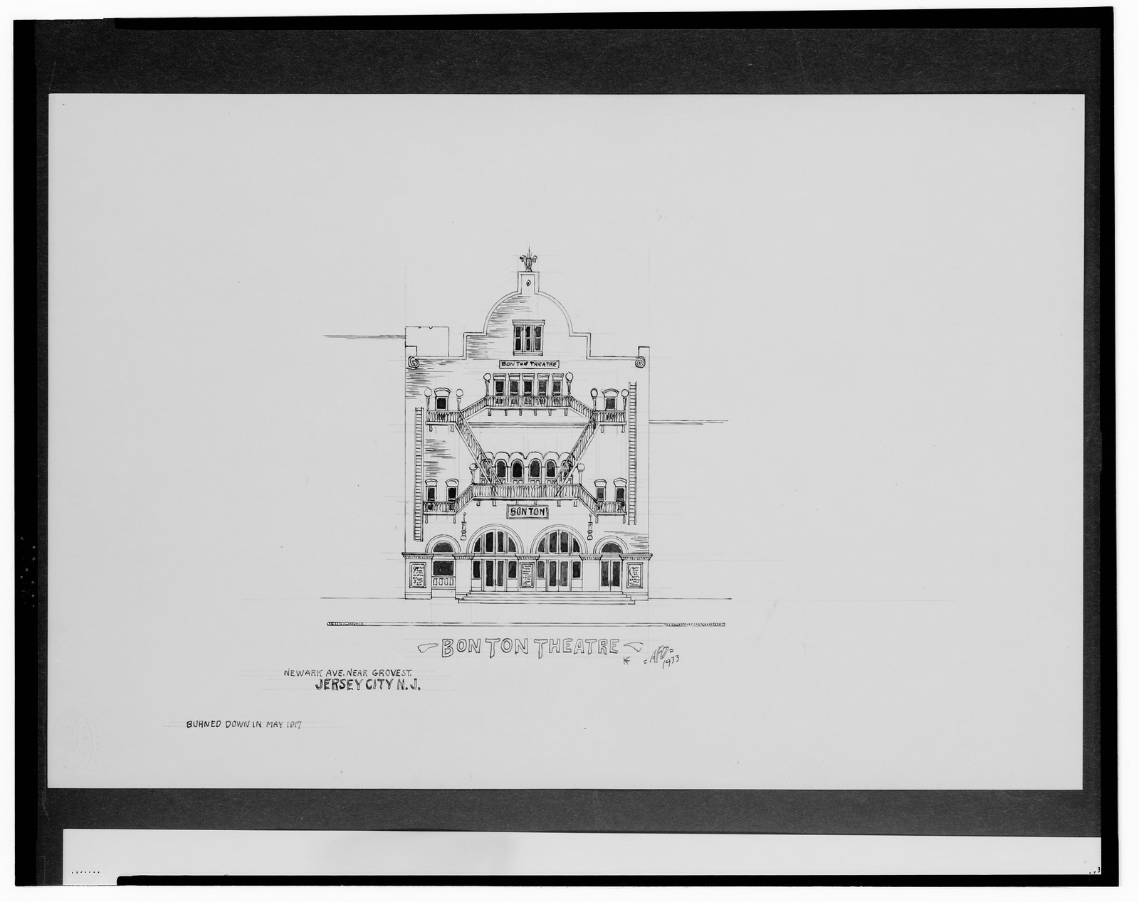 [Bon Ton Theatre, Newark Ave. near Grove St., Jersey City, New Jersey] / AFD 1933., And Engineering (ADE) Drawings — vintage poster