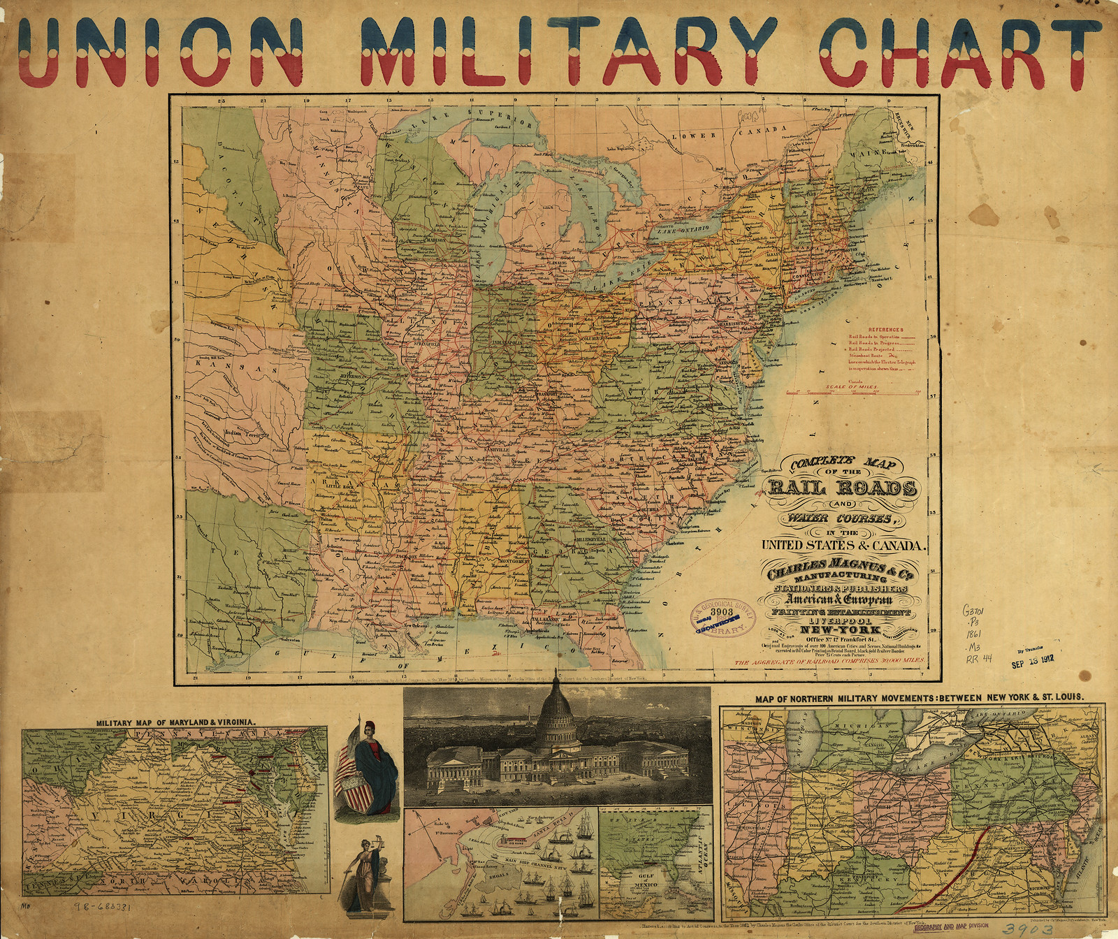 Union Military Chart with railroad map and inset views — antique map