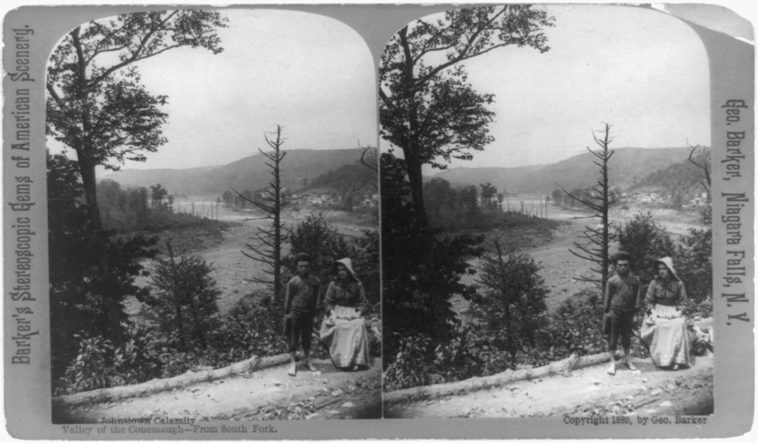 The Johnstown calamity- Valley of the Conemaugh, from South Fork, Niagara Falls, N.Y. : Geo. Barker, c1889. — stereograph