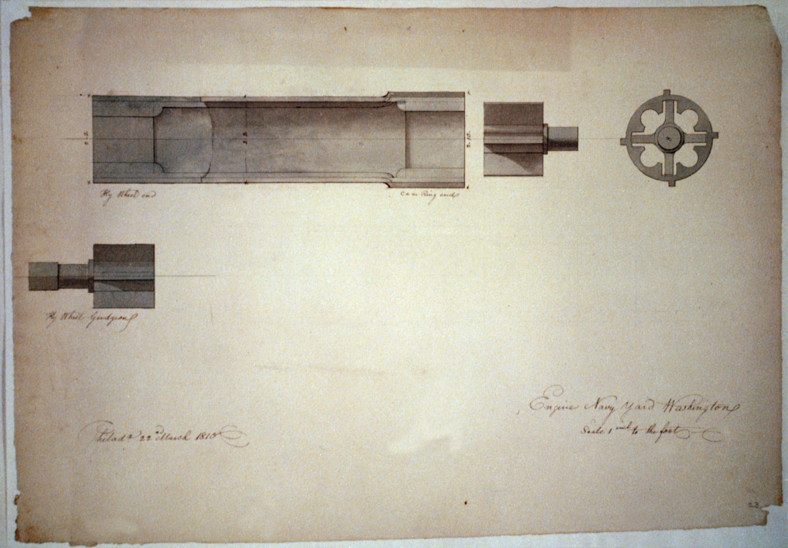 [Steam engine, Washington Navy Yard, Washington, D.C. Fly wheel, cam ring, fly wheel gudgeon], 1810 March 22. — historic drawing