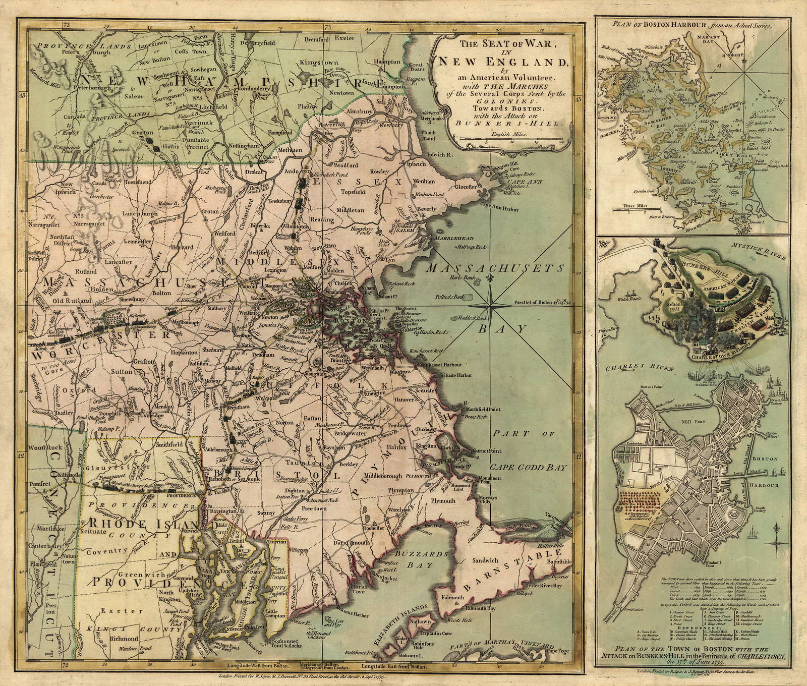 The Seat of war in New England, by an American volunteer, with the marches of the several corps sent by the Colonies towards Boston, with the attack on Bunkers-Hill., 1775 — historic image
