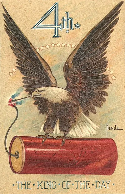 Fourth of July postcard: eagle on dynamite, "The King of the Day