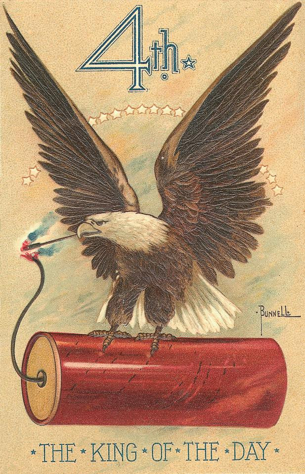 Fourth of July postcard: eagle on dynamite, "The King of the Day — vintage postcard