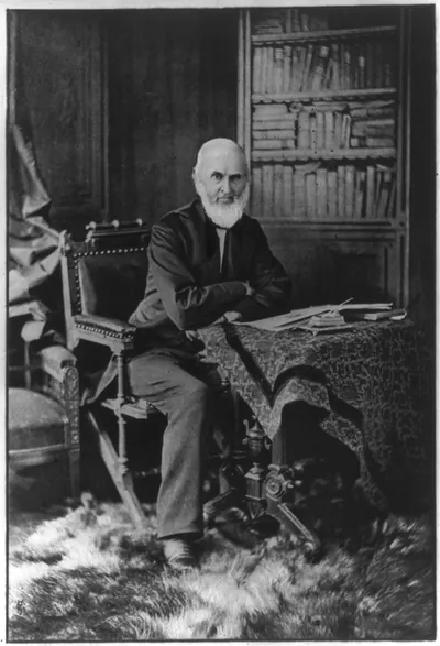 [John Greenleaf Whittier, 1807-1892 - at age 73, full, seated at table, facing slightly right]