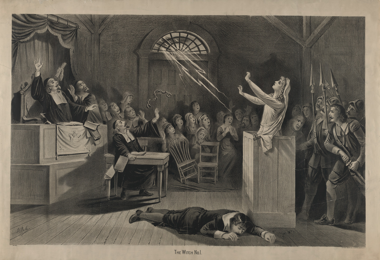 The Witch No. 1: witch trial scene with accused woman and onlookers — historic image