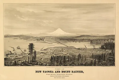 View of New Tacoma and Mount Rainier, Puget Sound, Washington Territory