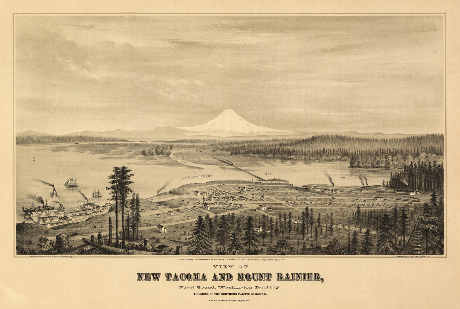 View of New Tacoma and Mount Rainier, Puget Sound, Washington Territory, 1878 — antique map