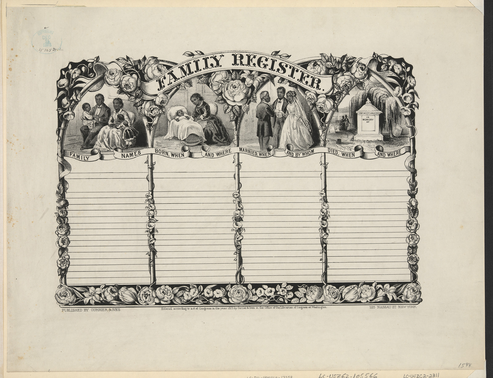 Family Register form with illustrated vignettes — historic image