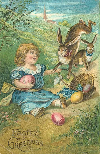 Easter Greetings card: girl with rabbits and painted eggs