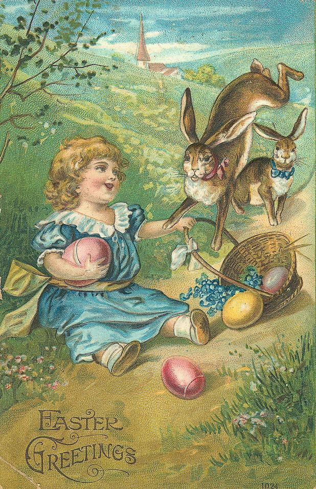 Easter Greetings card: girl with rabbits and painted eggs — historic image