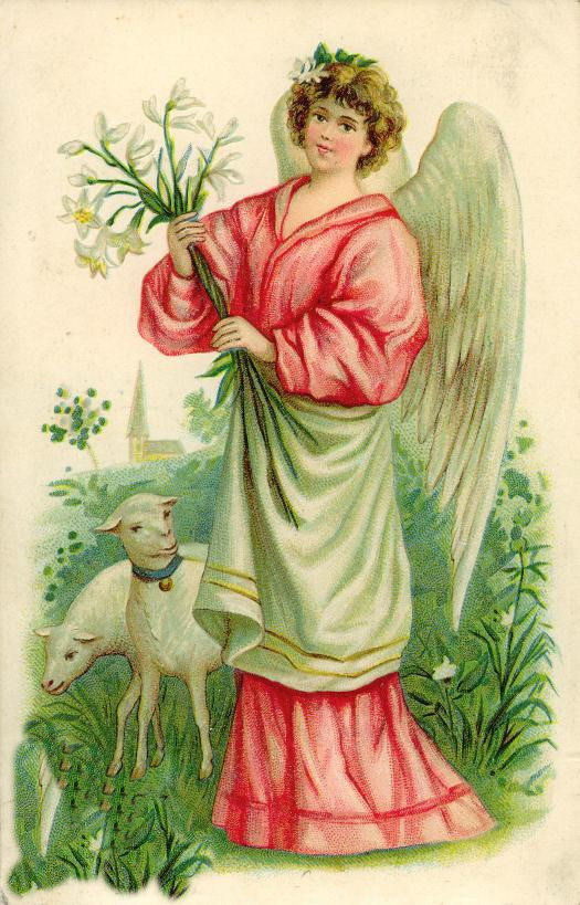 Victorian Easter card: angel with lilies and lamb — historic image
