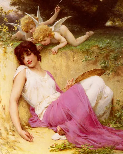 Reclining woman with two cupids in a garden