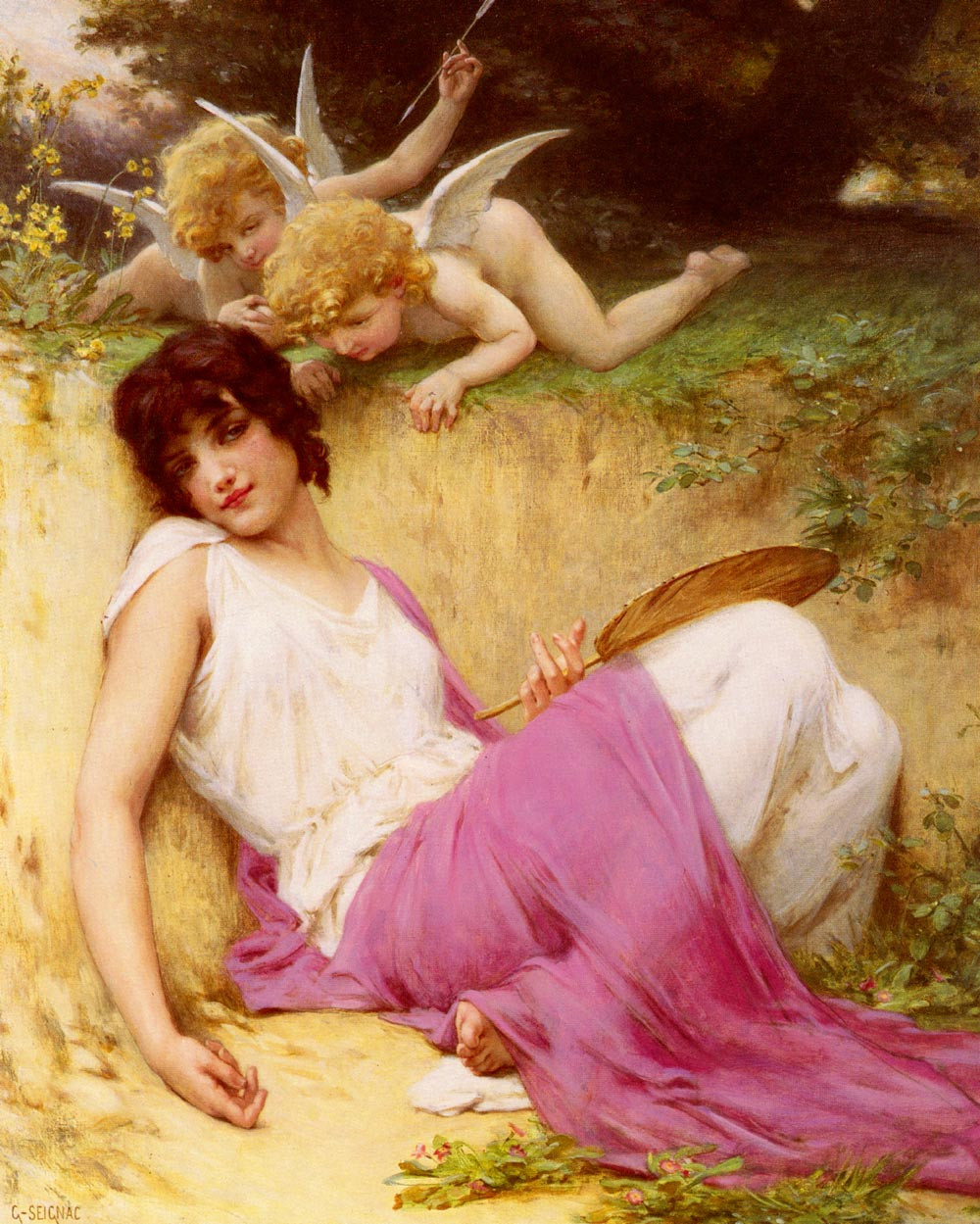 Reclining woman with two cupids in a garden — historic image