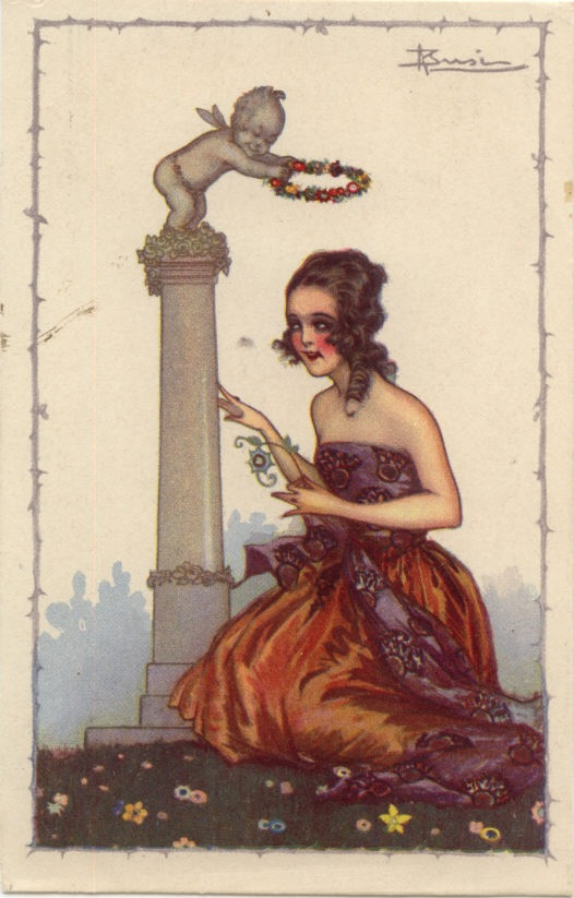 Cupid with garland beside a woman in a gown — historic image