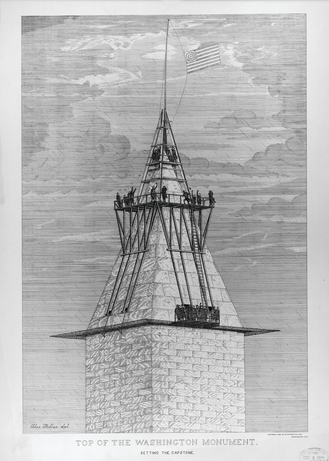 Top of the Washington Monument. Setting the capstone / Alex. Millar, del., c1885 Feb. 2. — antique engraving