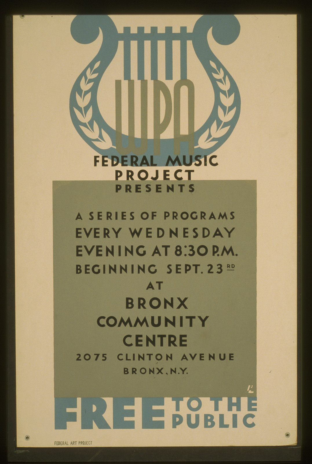 WPA Federal Music Project presents a series of programs every wednesday evening at 8:, 1942 — vintage poster