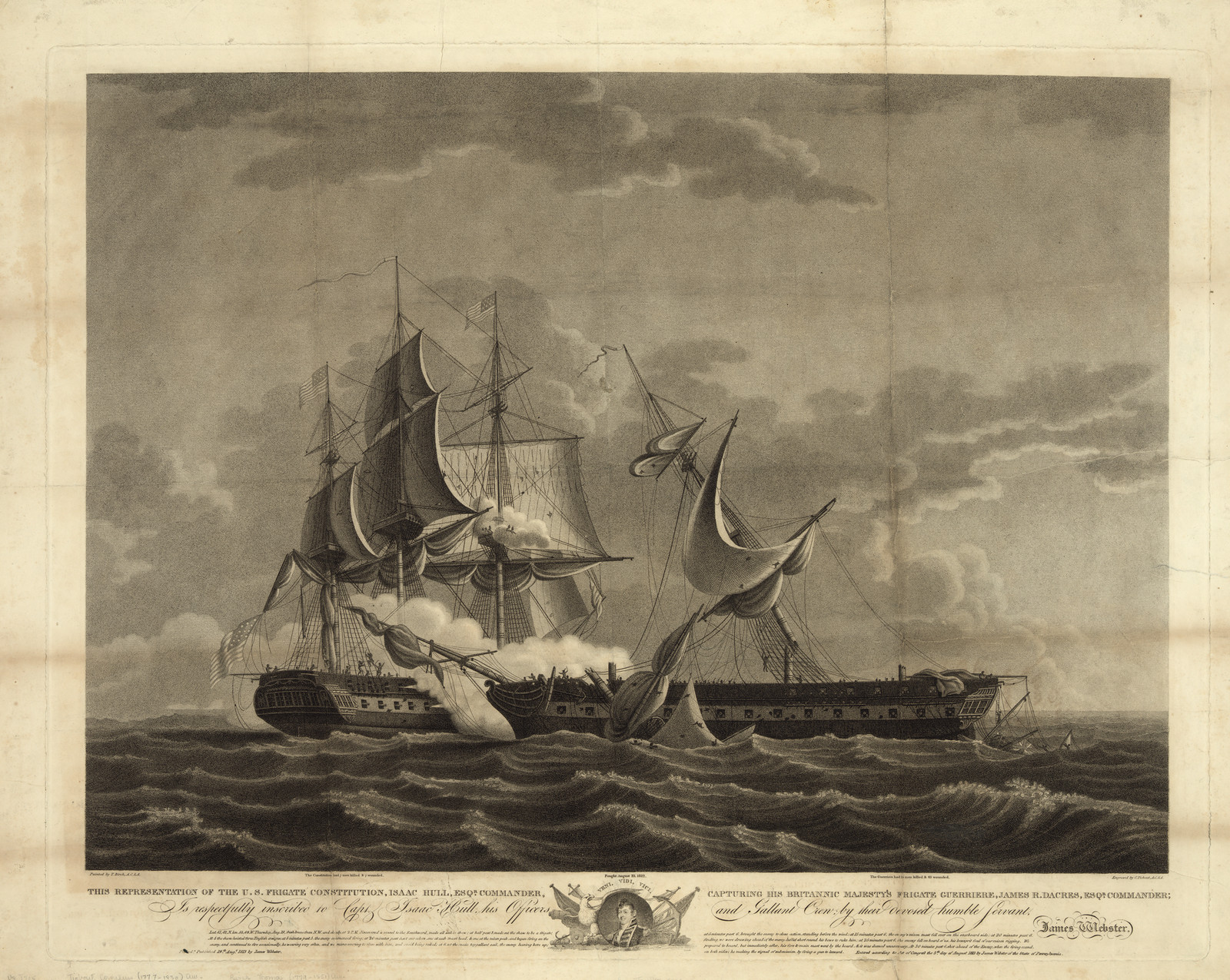 Engraving of USS Constitution capturing HMS Guerriere, 1812 — antique engraving