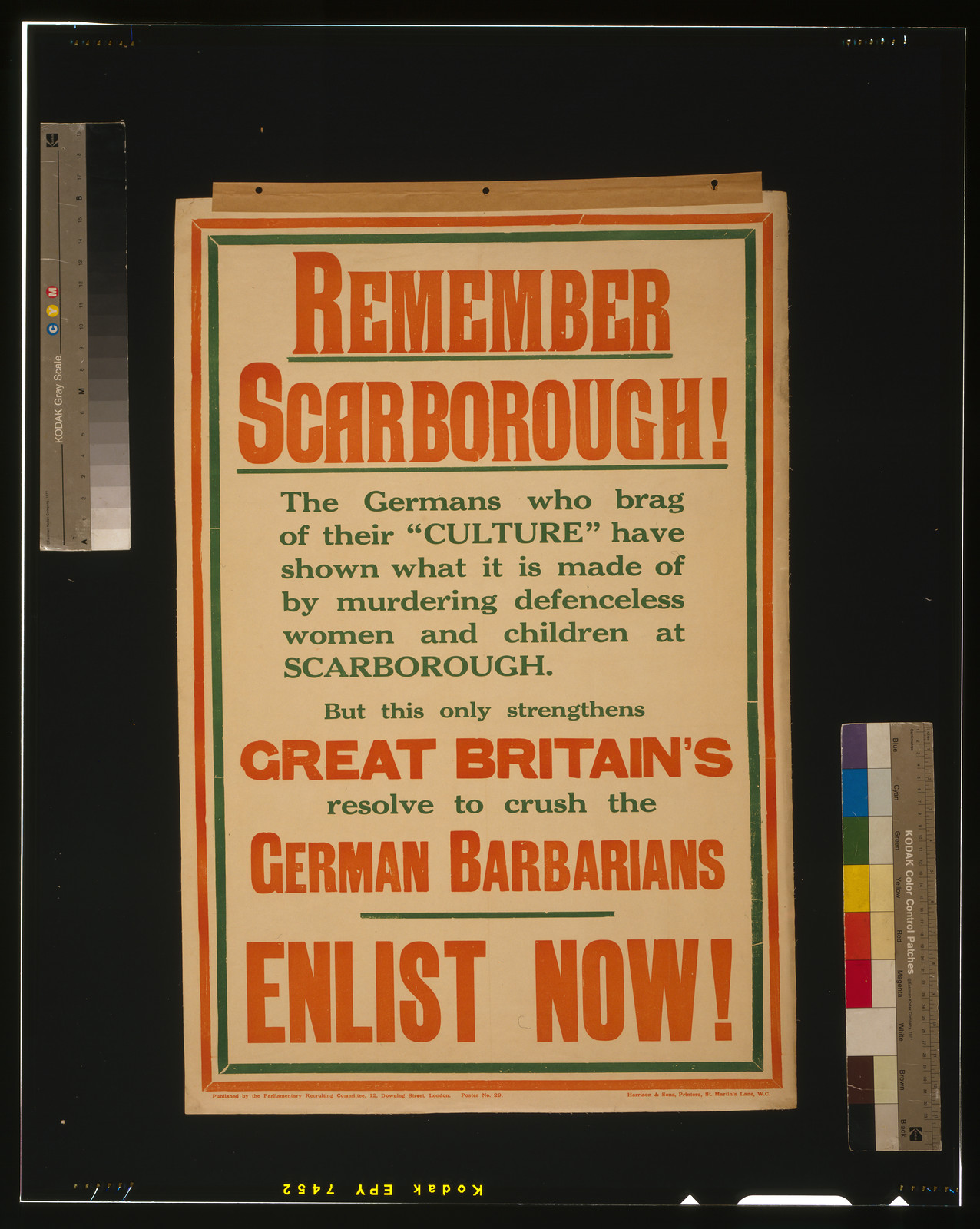 Remember Scarborough! [...] Enlist now! / Harrison & Sons, Printers, St. Martin's Lane, W.C., London : Parliamentary Recruiting Committee, [1915] — vintage poster