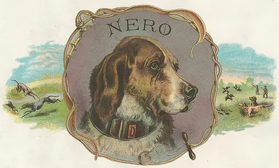 Nero dog head cigar label with hunting scene