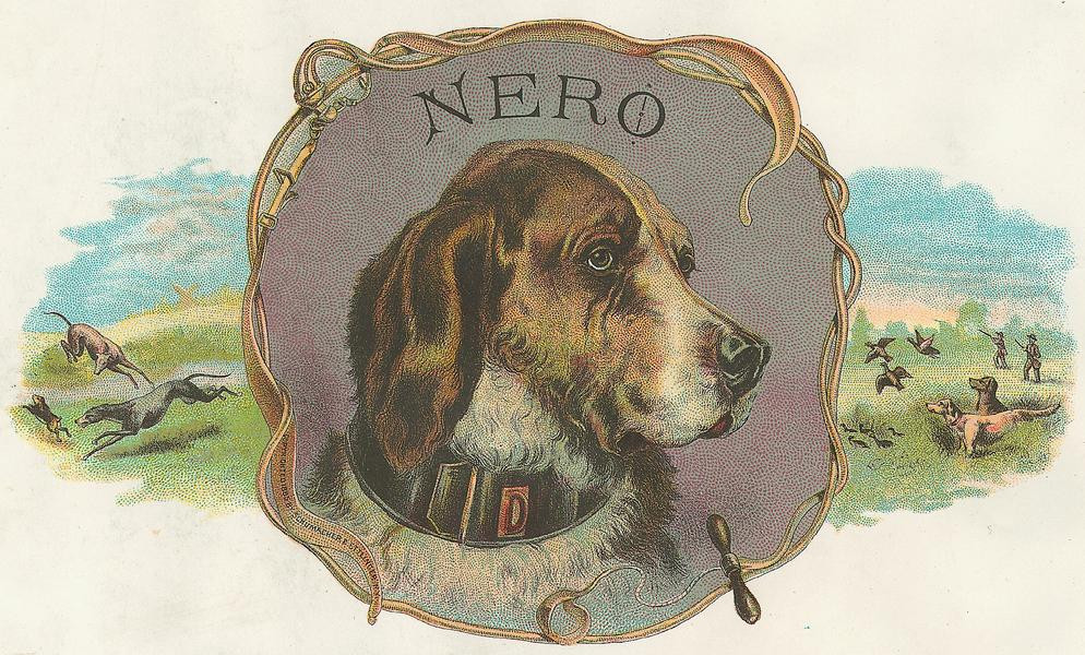 Nero dog head cigar label with hunting scene — historic image